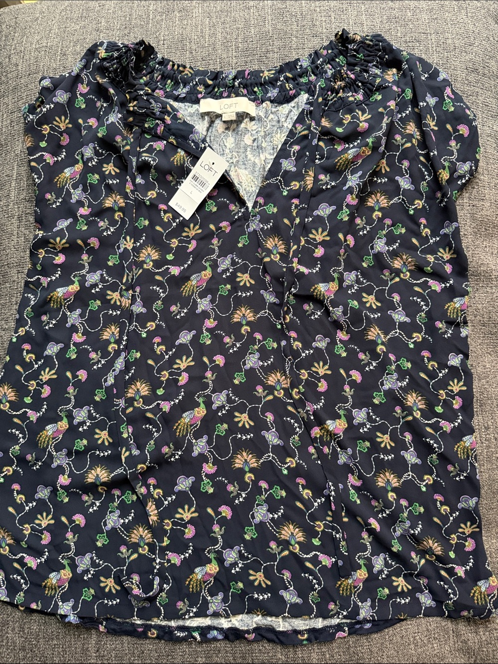 LOFT Navy Floral & Bird Tie-Neck Top